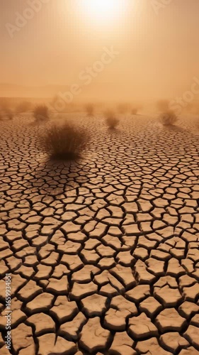 Sun over dry cracked desert land with sparse bushes in a heat haze, severe drought scenery, arid climate footage.