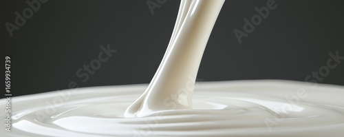 A smooth and creamy liquid flows gracefully, creating ripples on the surface, against a dark background, suggesting richness and texture.