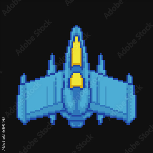 Pixel art blue spaceship video game asset. 8-bit style starship vector isolated on black.
