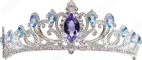 Sparkling Silver Tiara with Large Purple Center Gemstone and Blue Accent Stones crown headdress