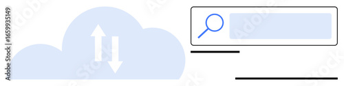 Cloud with bidirectional arrows for file transfer next to a search bar for online browsing. Ideal for cloud storage, online search, data sharing, web services, navigation, digital tools, simple