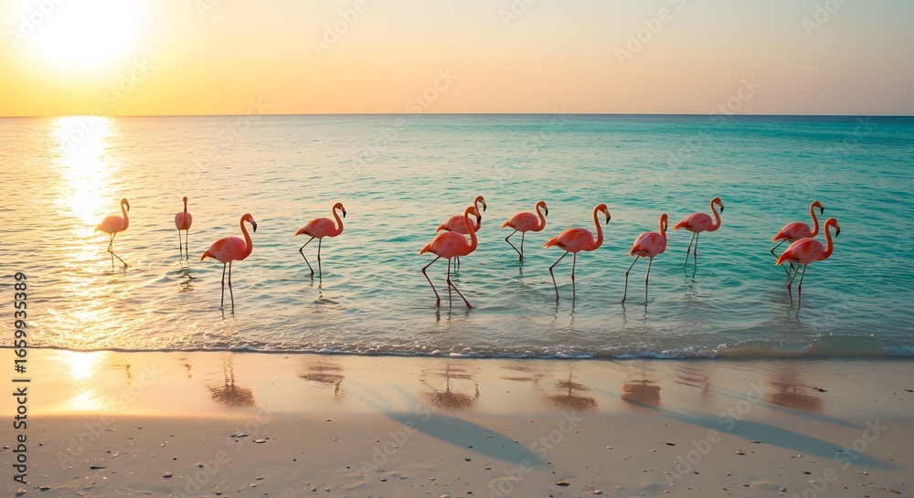 Fototapeta premium Flamingos sunrise beach scene
