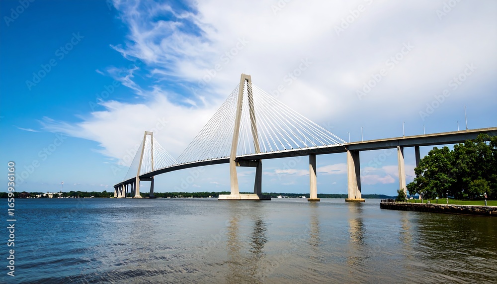 Naklejka premium Spanning a waterway, a modern cable-stayed bridge stretches into a brilliant blue sky