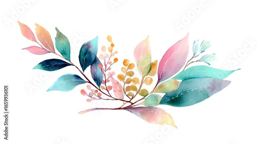 A delicate and ethereal watercolor illust n featuring a lush arrangement of colorful leaves flowers and botanical elements in a soft  ic style