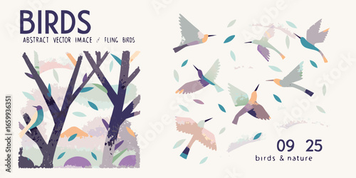Photos Abstract Vector Image of Fling Birds in Nature with Trees and Leaves