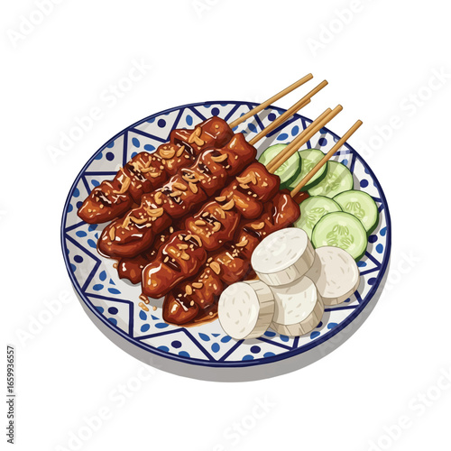 Vector Sate Indonesian Satay Illustration – Grilled Meat Skewers with Peanut Sauce