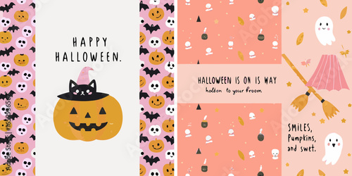 Cute Halloween Illustration with Pumpkins Ghosts Bats and Witches Broom