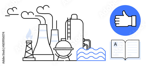 Industrial facility with smokestacks, cooling system, water waves, thumbs-up symbol, and open book. Ideal for industry, sustainability, education, approval production process environmental impact