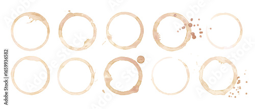 Coffee cup or tea stain drink ring vector illustration set isolated on white background. Coffee stain mark trace ring cup spot trace. Brown round splashes of drink collection.