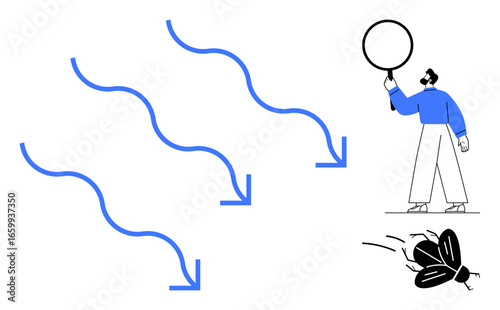 Arrows directing downward motion, person holding magnifying glass, and insect representation. Ideal for analysis, observation, cause-effect, research, evaluation, study simple landing page