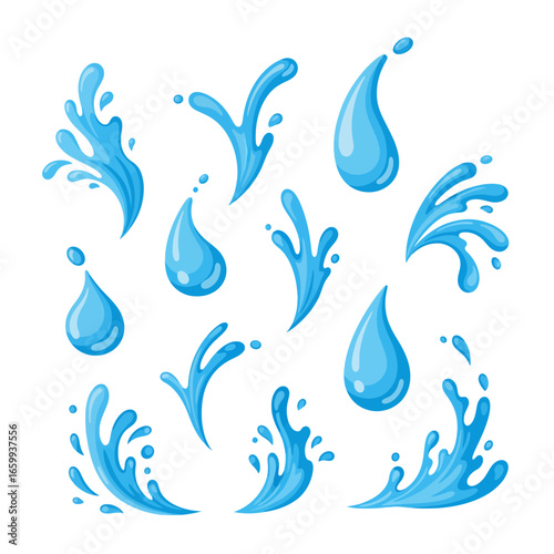 Collection of stylized blue water droplets and splashes in various shapes and orientations, isolated on a white background.