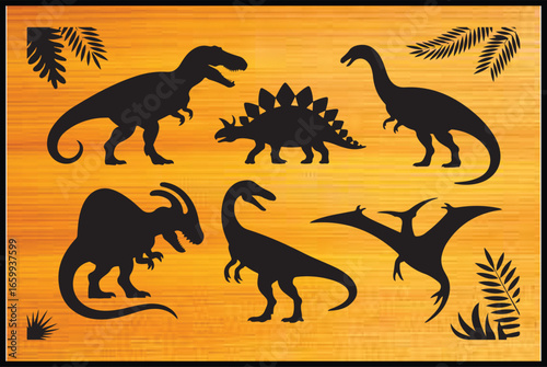 "Dinosaur Silhouettes on Wooden Background"

"Prehistoric Dinosaur Shadow Art"

"Jurassic Era Silhouette Illustrations"