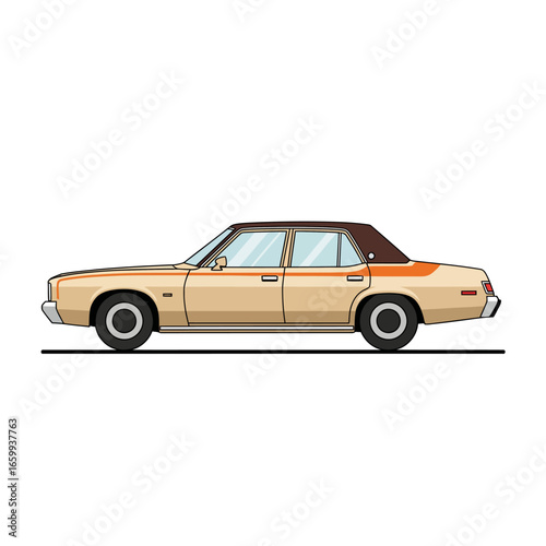Illustration of a classic, vintage, beige and brown sedan car, viewed from the side, on a white background.