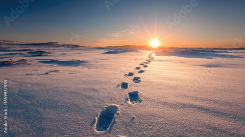 Footprints lead across a snowy field towards a bright sunrise in a peaceful winter setting