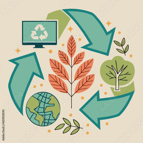 Sustainable future with recycling arrows, earth, tree, and computer screen showing eco symbol