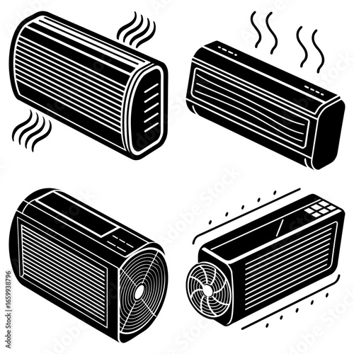 Illustration of four different air conditioning units with varying designs and air flow indicators shown