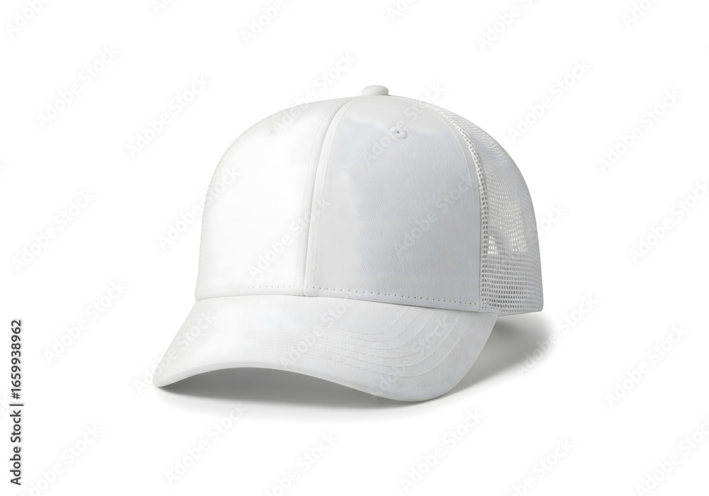 Fototapeta premium A clean, white baseball cap with a structured front and mesh back, presented against a stark white background for a clear product view.