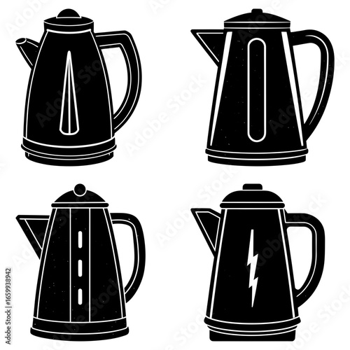 Collection of four black and white kettle illustrations with different designs and shapes on a white background