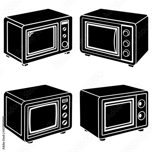 Four black and white microwave ovens arranged in a square pattern on a white background image design