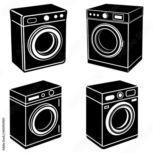 Four washing machines in monochrome showcasing different control panel designs and door styles clearly visible