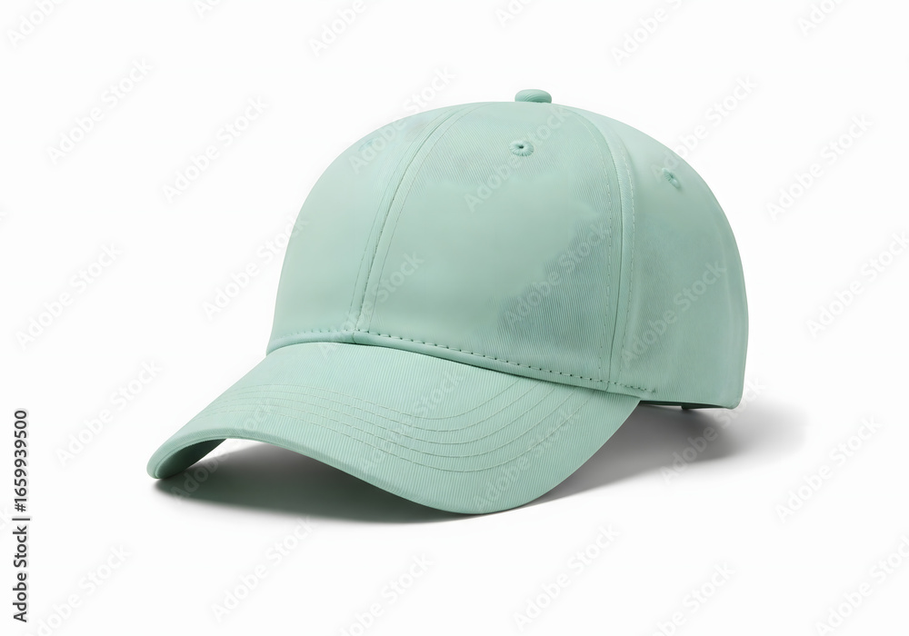 Fototapeta premium A single, light-green baseball cap, isolated on a bright white background, showing its design.