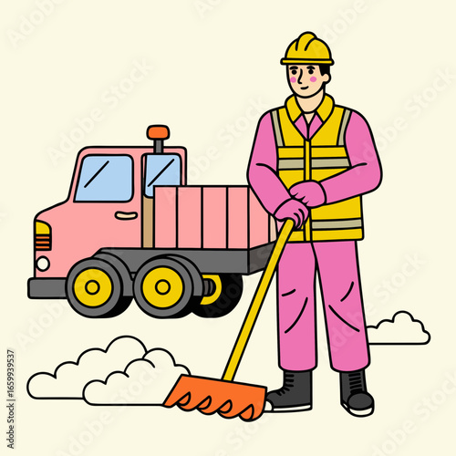 Snow removal worker, focused mood, clearing snow with a shovel, simple background