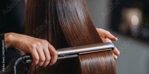 Stylist straightening woman's hair with flat iron in salon
