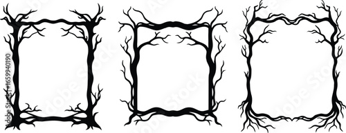 Vector art of three unique black and white square frames made from twisted tree branches and roots perfect for a spooky or rustic design