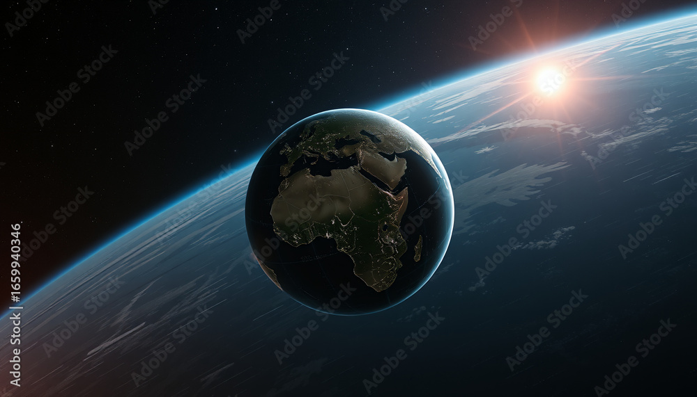 Obraz premium Earth from Space at Sunrise with Visible Atmosphere and City Lights