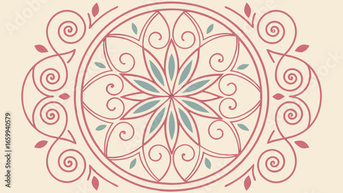 Elegant circular mandala design with swirls and petals in soft pink and teal colors