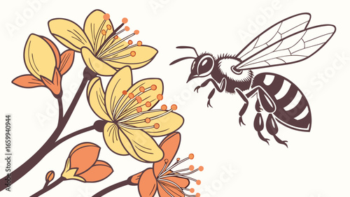 Stylized illustration of a bee approaching blooming flowers on branches with a light background