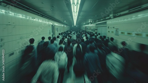 Dutch angle chaotic corridor rush, tilted, motion blur. Backlit silhouettes, dramatic shadows, 16mm wide lens perspective, and a subtle lens flare.