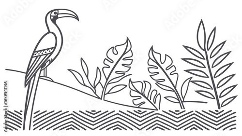 Stylized toucan perched amongst tropical leaves with geometric pattern border
