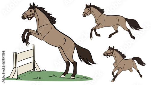 Three cartoon horses in different poses one rearing over a jump one galloping and one trotting