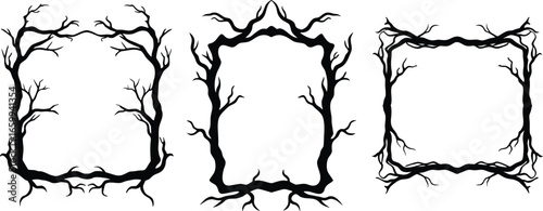 Vector art of three unique black and white square frames made from twisted tree branches and roots perfect for a spooky or rustic design