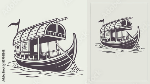 Traditional indian houseboat with a thatched roof and a flag sailing on calm water