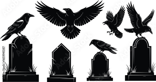 Crow and gravestone silhouette vector set, flying and perched bird clipart, dark cemetery illustration, gothic death theme design, spooky artwork elements