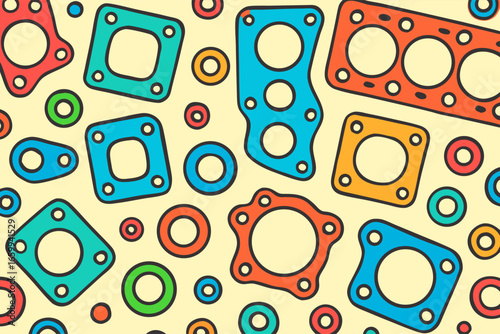 Various gaskets and seals in a colorful repeating pattern on a light background