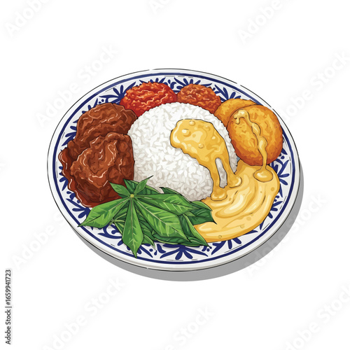 Vector Nasi Padang Indonesian Food Illustration – Traditional Rice with Rendang and Sambal