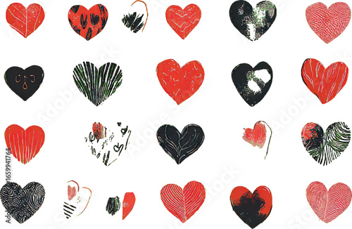 Collection of Hand- Painted Textured Hearts in Red Black and White love romance