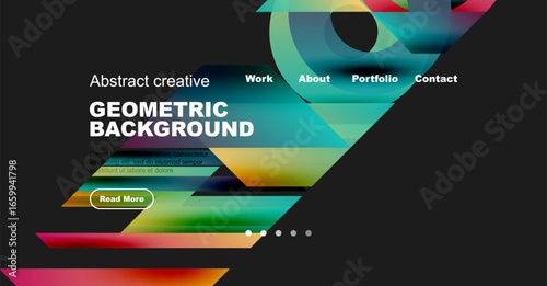 Modern website mockup displays vibrant geometric design. Text elements include headings, body copy, button. Dark background enhances visual impact.