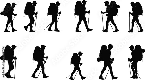 Hiking silhouette vector set, backpacker walking poses, trekking pole illustration, outdoor adventure clipart, mountain hiker icons, black travel elements, nature activity artwork