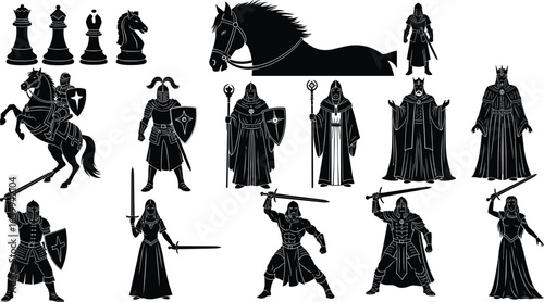 Medieval character silhouette vector set, chess piece and knight clipart, fantasy warrior illustration, sword and shield design, robed figure artwork