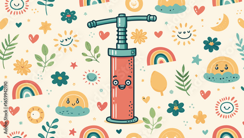 Kawaii Red Air Pump Character with Cute Sun, Rainbow, and Floral Patterns - Whimsical Illustration