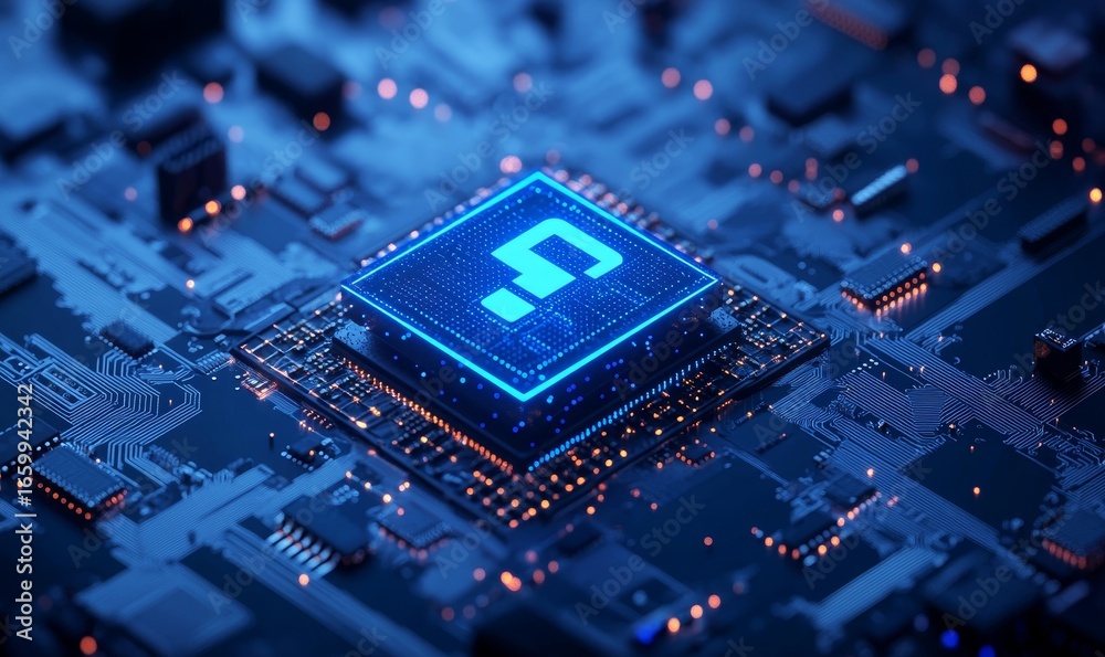 Fototapeta premium Endpoint security concept, represented by a blue microchip diagram with a lock symbol. The lock signifies the protective measures taken to safeguard digital data in modern, Generative AI