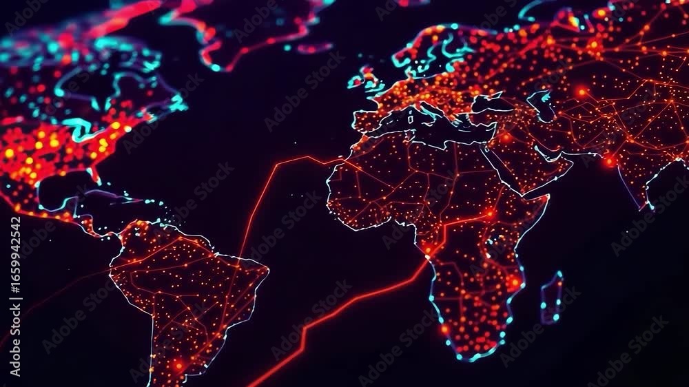 Futuristic glowing red and orange digital world map animation with ...