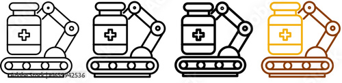 Drug production icon set in modern outline style for medical research, pharmaceutical manufacturing, and healthcare dashboards, featuring multistyle stroke and full color variation set