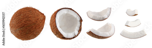 Beautifully retouched coconut set. Whole coconut half big pieces and small slices isolated on white