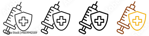 Safety injection icon set in modern outline style for immunization campaigns, medical protection, and health education visuals, featuring multistyle stroke and full color variation set