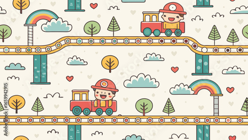 Playful seamless pattern with cute cartoon trains and happy engineers on whimsical tracks, adorned with clouds and charming trees, perfect for children's designs.